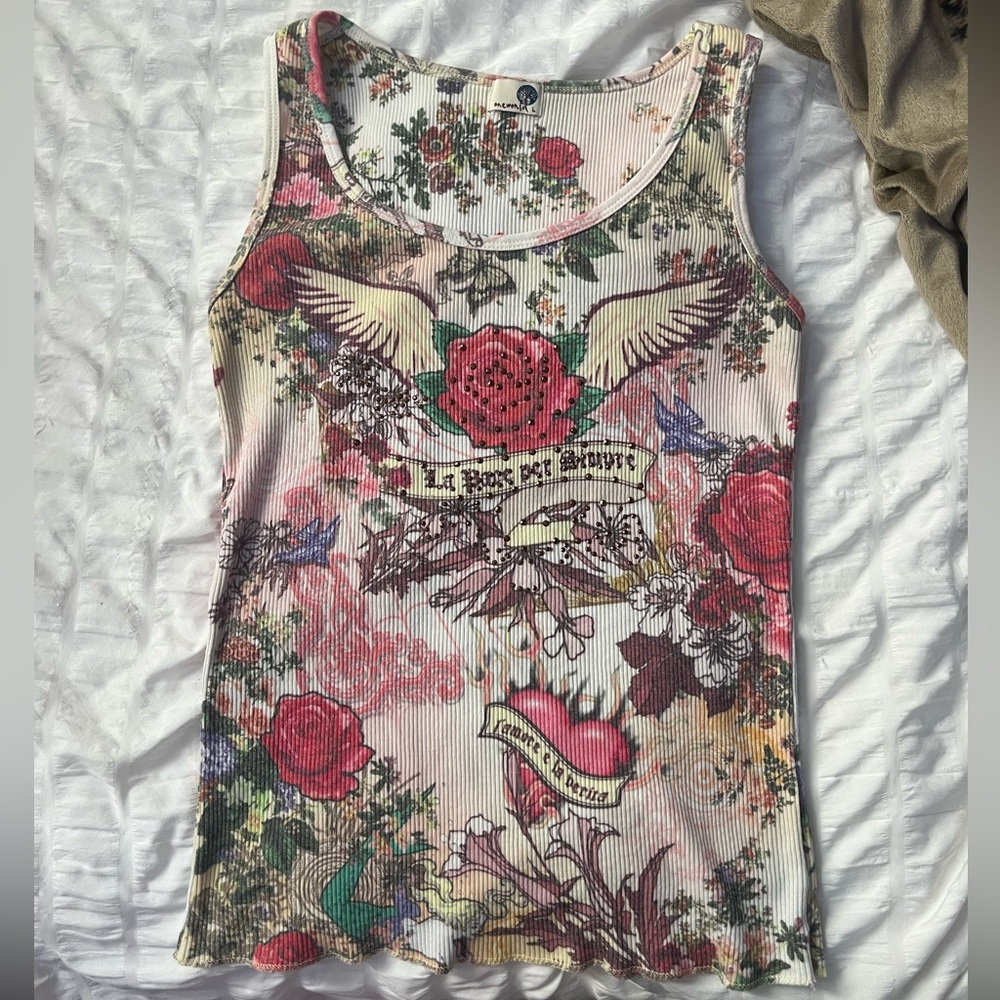 Multi-colored, patterned tank top with a boho, classic hollywood vibe
